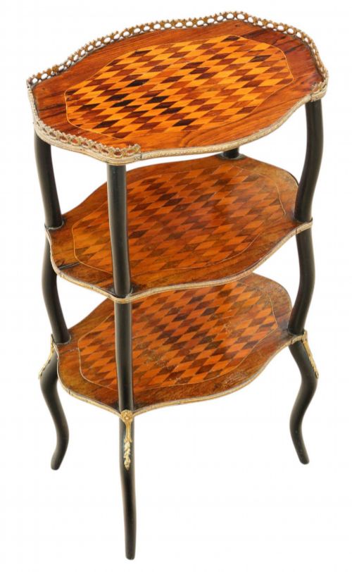 ANTIQUE QUALITY C1900 INLAID PARQUETRY AND EBONISED ETAGERE WHATNOT DISPLAY SHELVES - ADDITIONAL PHOTO 2