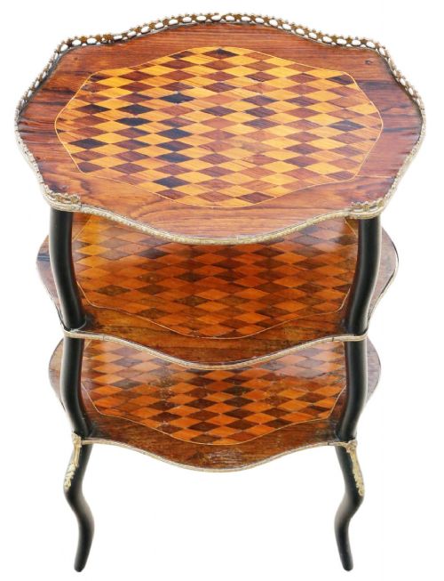 ANTIQUE QUALITY C1900 INLAID PARQUETRY AND EBONISED ETAGERE WHATNOT DISPLAY SHELVES - ADDITIONAL PHOTO 3