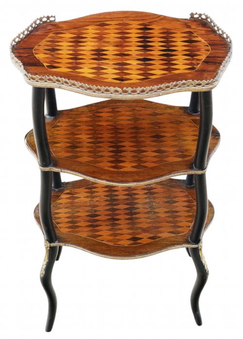 ANTIQUE QUALITY C1900 INLAID PARQUETRY AND EBONISED ETAGERE WHATNOT DISPLAY SHELVES - ADDITIONAL PHOTO 4