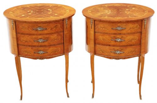 ANTIQUE VINTAGE RETRO FRENCH PAIR OF MARQUETRY PARQUETRY OVAL BEDSIDE TABLES C1930 CENTURY NIGHTSTANDS