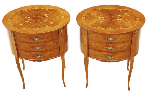 ANTIQUE VINTAGE RETRO FRENCH PAIR OF MARQUETRY PARQUETRY OVAL BEDSIDE TABLES C1930 CENTURY NIGHTSTANDS - ADDITIONAL PHOTO 2