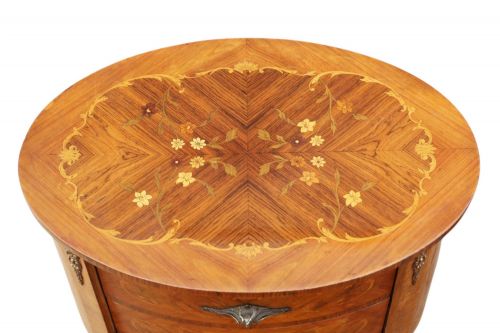 ANTIQUE VINTAGE RETRO FRENCH PAIR OF MARQUETRY PARQUETRY OVAL BEDSIDE TABLES C1930 CENTURY NIGHTSTANDS - ADDITIONAL PHOTO 4