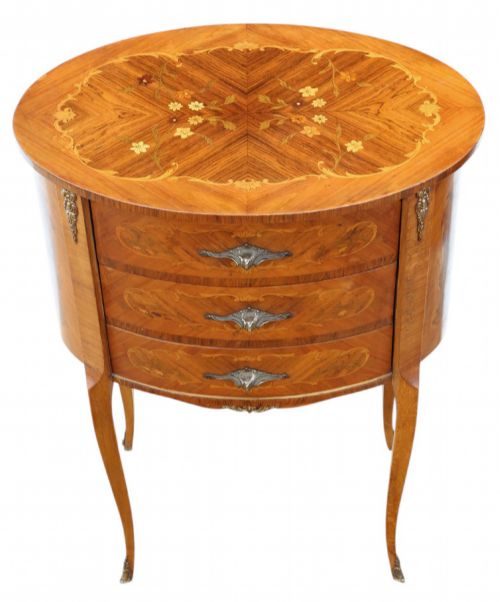 ANTIQUE VINTAGE RETRO FRENCH PAIR OF MARQUETRY PARQUETRY OVAL BEDSIDE TABLES C1930 CENTURY NIGHTSTANDS - ADDITIONAL PHOTO 5