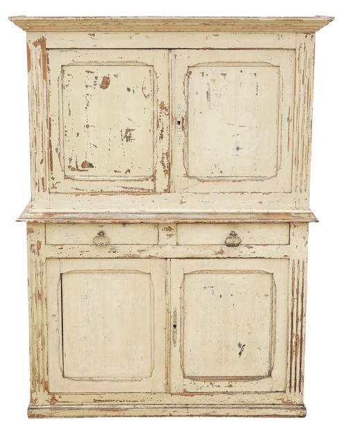 Quality Antique 19th Century Distressed Cream Painted Cupboard Dresser