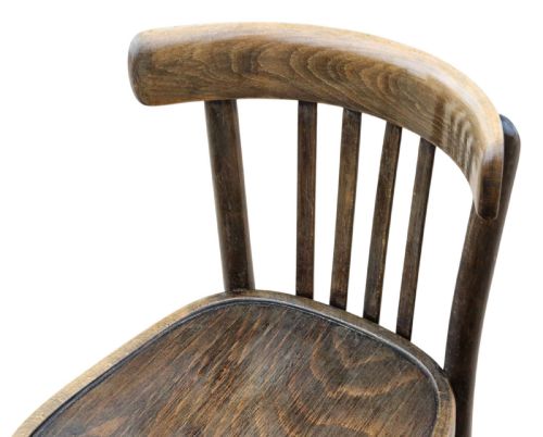 fig 4. A pair of dark brown bentwood bistro dining chairs featuring vertical back spindles, steam-bent frames, and contoured wood seats.