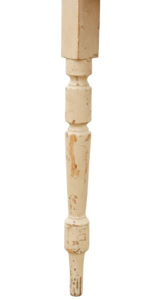 A 19th-century cream painted wooden writing table featuring a shaped gallery back, turned legs, and a single central drawer with a turned wooden knob. View IX