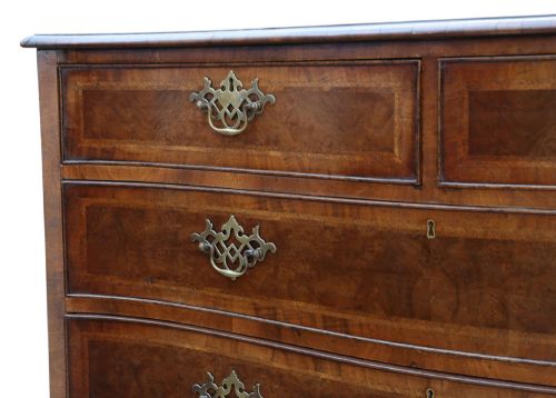 fig 4. A serpentine-front burr walnut chest of drawers featuring crossbanded borders, cast brass handles, and ogee bracket feet.