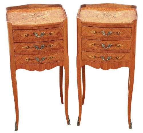 Vintage Retro French Pair of Marquetry Bedside Tables – 20th Century Nightstands
