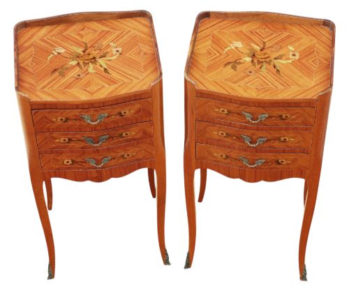 fig 2. A pair of slim French style bedside tables featuring floral marquetry wood inlays, three drawers with brass handles, and slender cabriole legs.