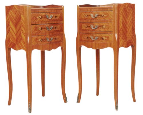 fig 3. A pair of slim French style bedside tables featuring floral marquetry wood inlays, three drawers with brass handles, and slender cabriole legs.