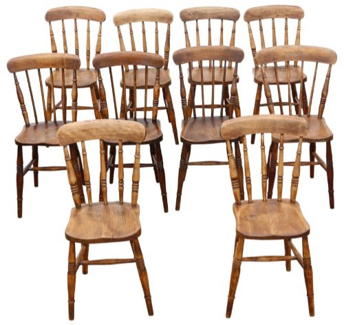 Antique Harlequin Set of 10 Victorian Elm & Beech Kitchen Dining Chairs – 19th Century, Quality Originals