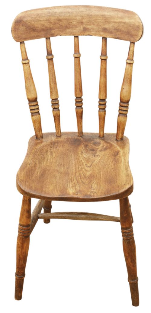 fig 3. A harlequin set of ten 19th-century Victorian dining chairs crafted from elm and beech wood, featuring spindle backs, curved top rails, turned legs, and stretchers.