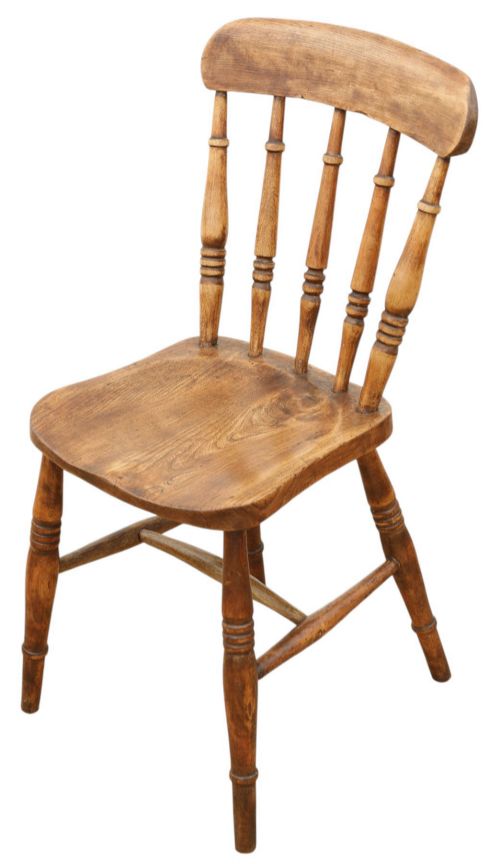 fig 4. A harlequin set of ten 19th-century Victorian dining chairs crafted from elm and beech wood, featuring spindle backs, curved top rails, turned legs, and stretchers.