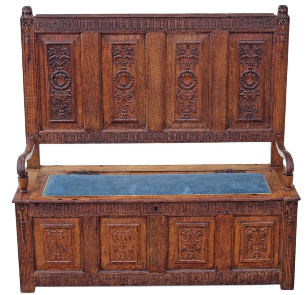 Georgian Gothic carved oak settle bench coffer seat