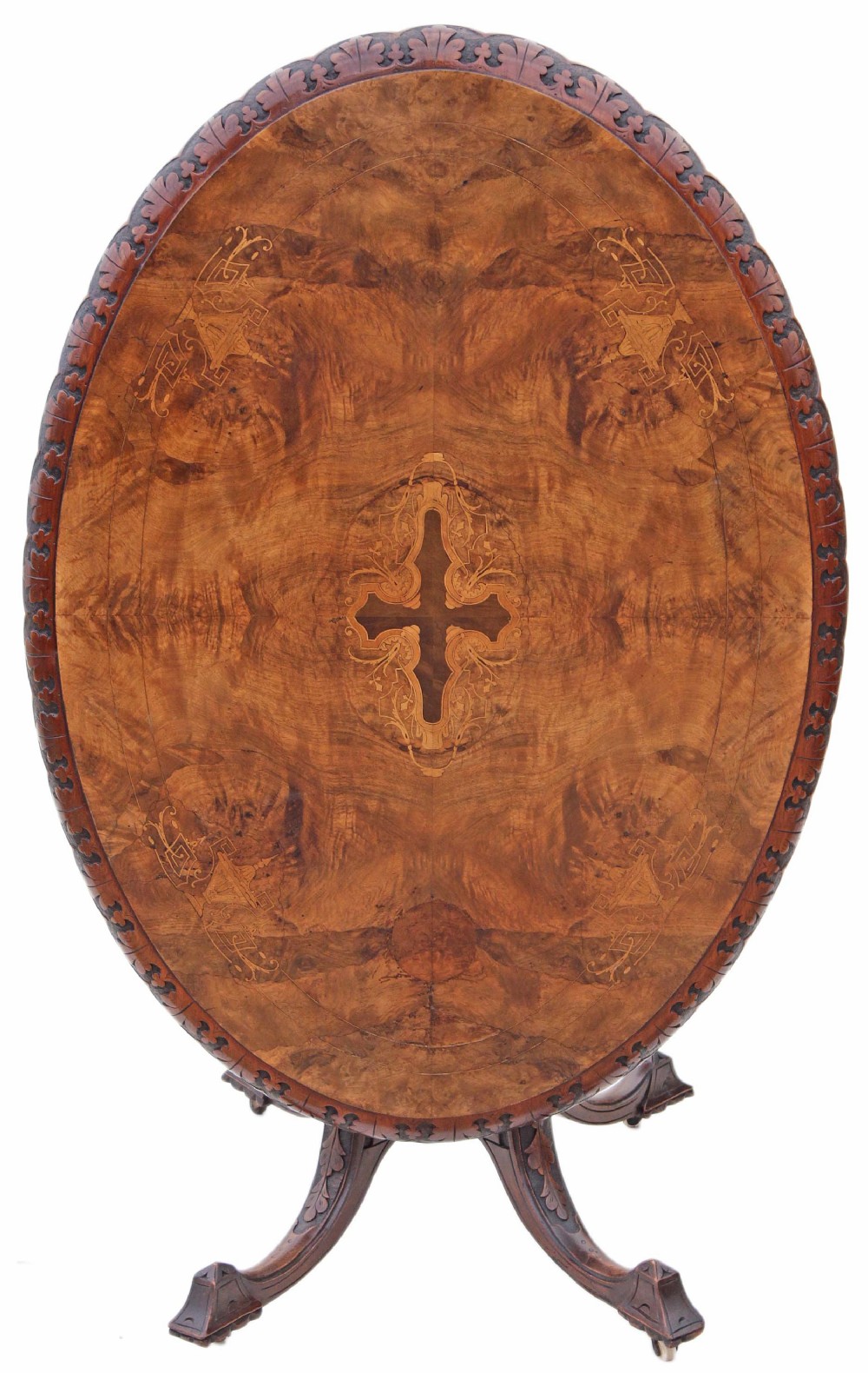 Victorian inlaid burr walnut oval tilt top loo breakfast table