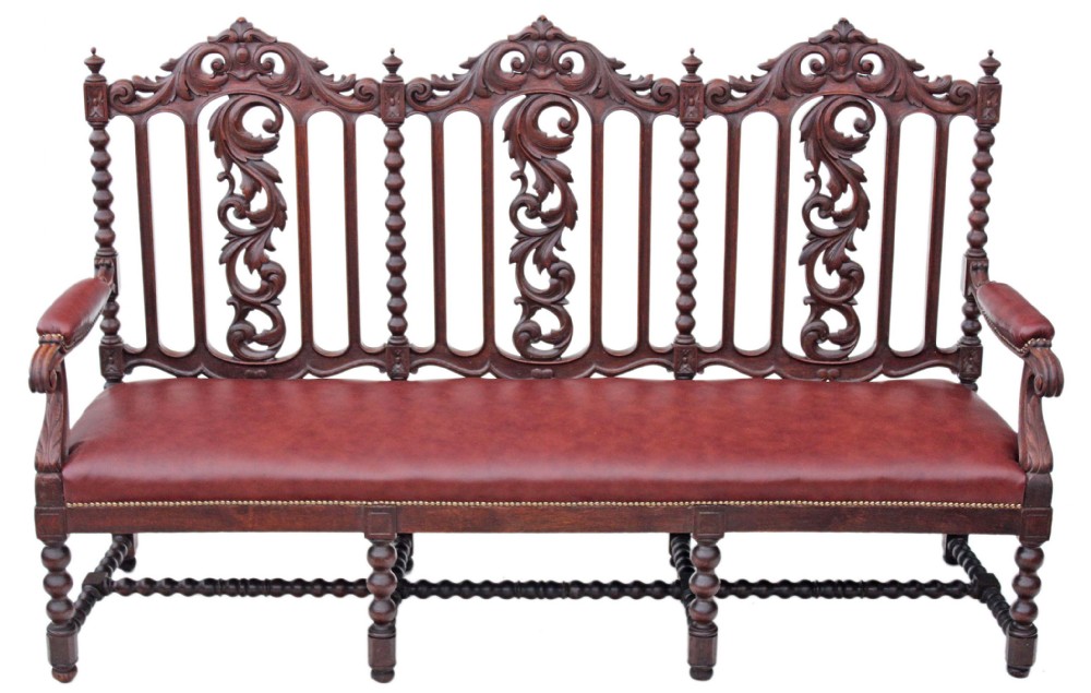 Victorian carved oak leather settle bench Gothic