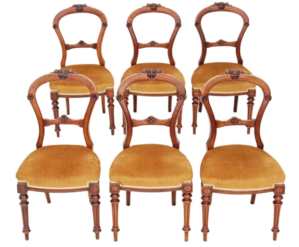 Set of 6 Victorian carved walnut dining chairs balloon back