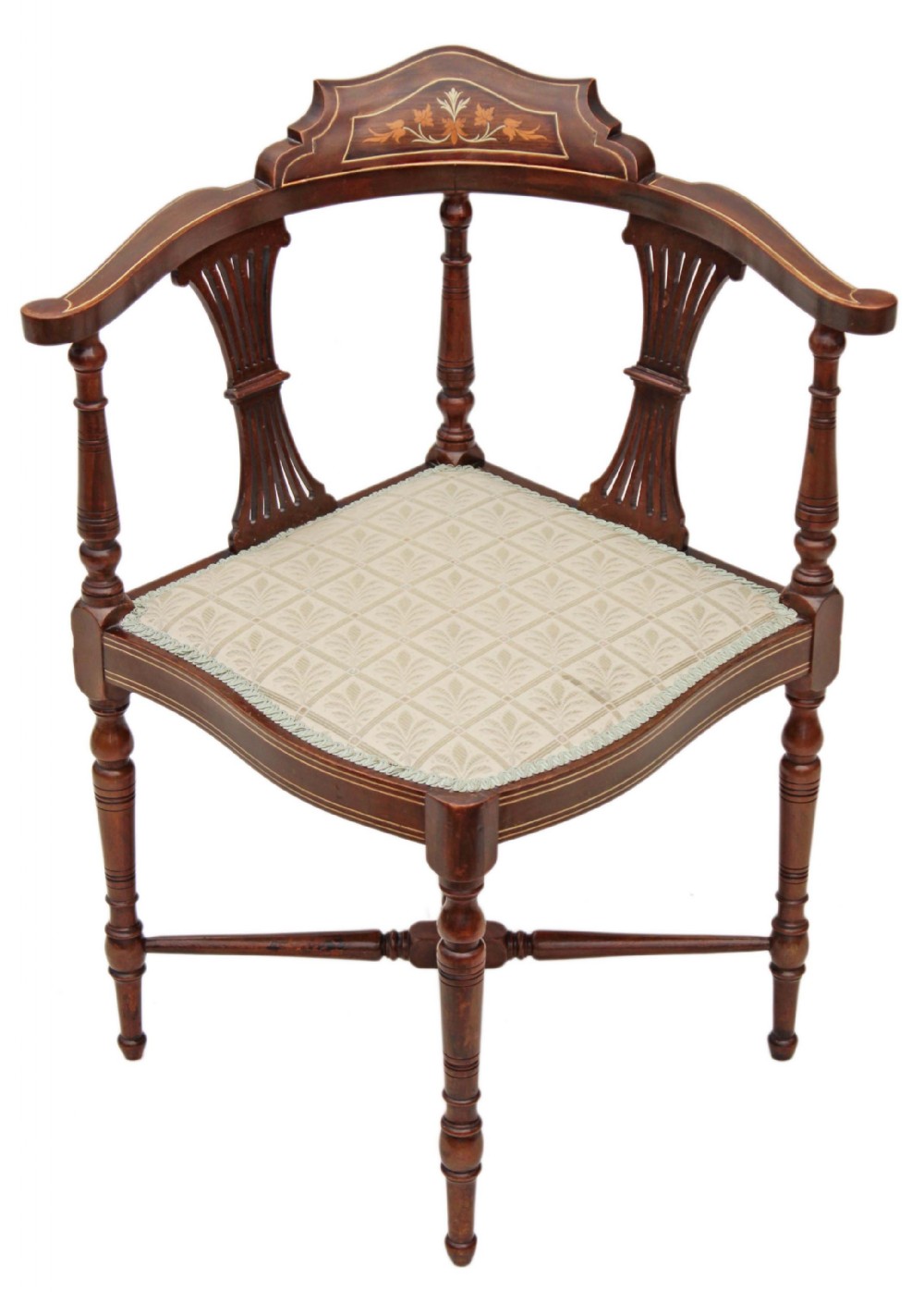 Edwardian inlaid mahogany corner arm chair tub