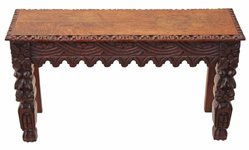 Victorian Gothic carved oak window seat bench