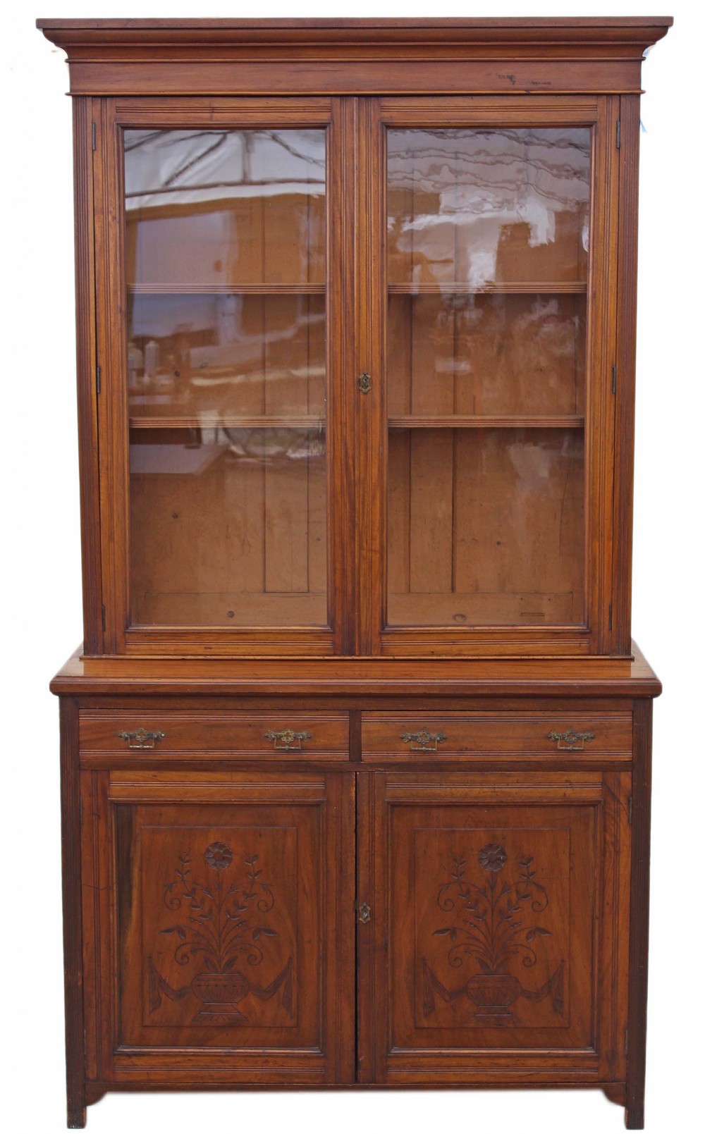 Edwardian walnut glazed bookcase display cabinet