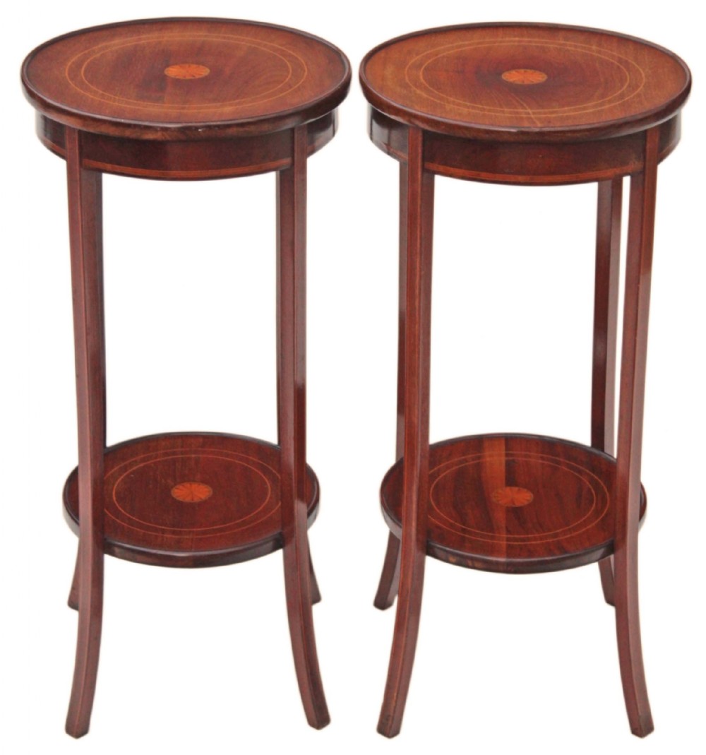 Pair of Edwardian inlaid mahogany plant stands jardinieres