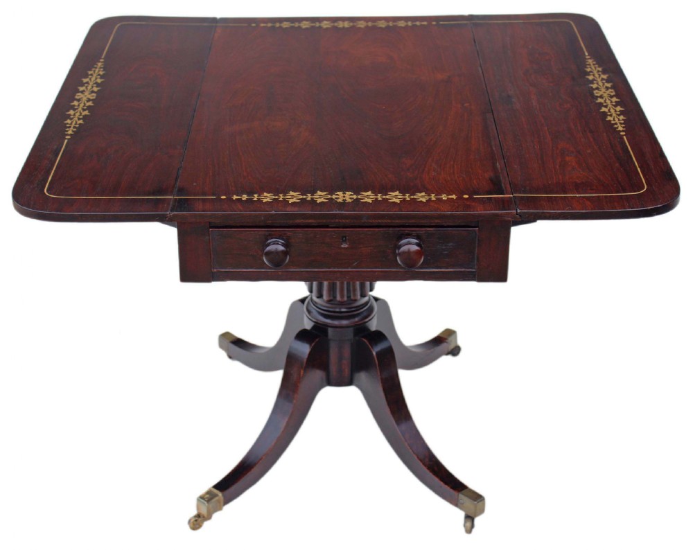 Georgian Brass Inlaid Rosewood Pedestal Pembroke Table