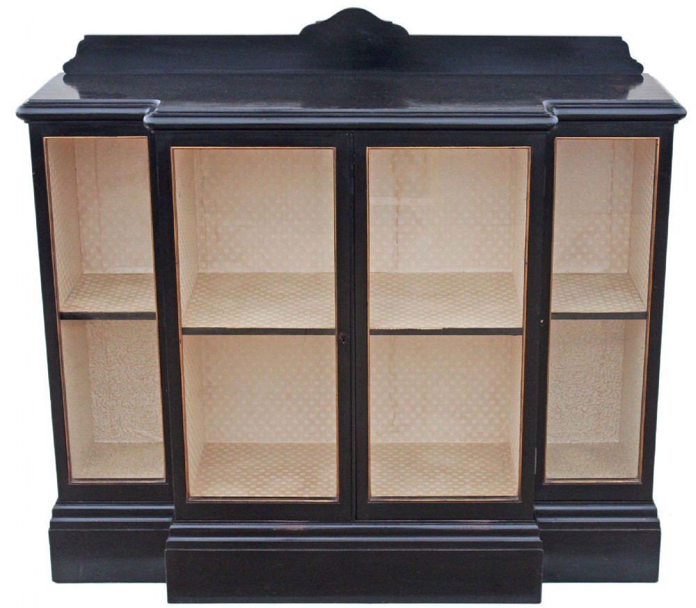 Victorian ebonised breakfront glazed display cabinet