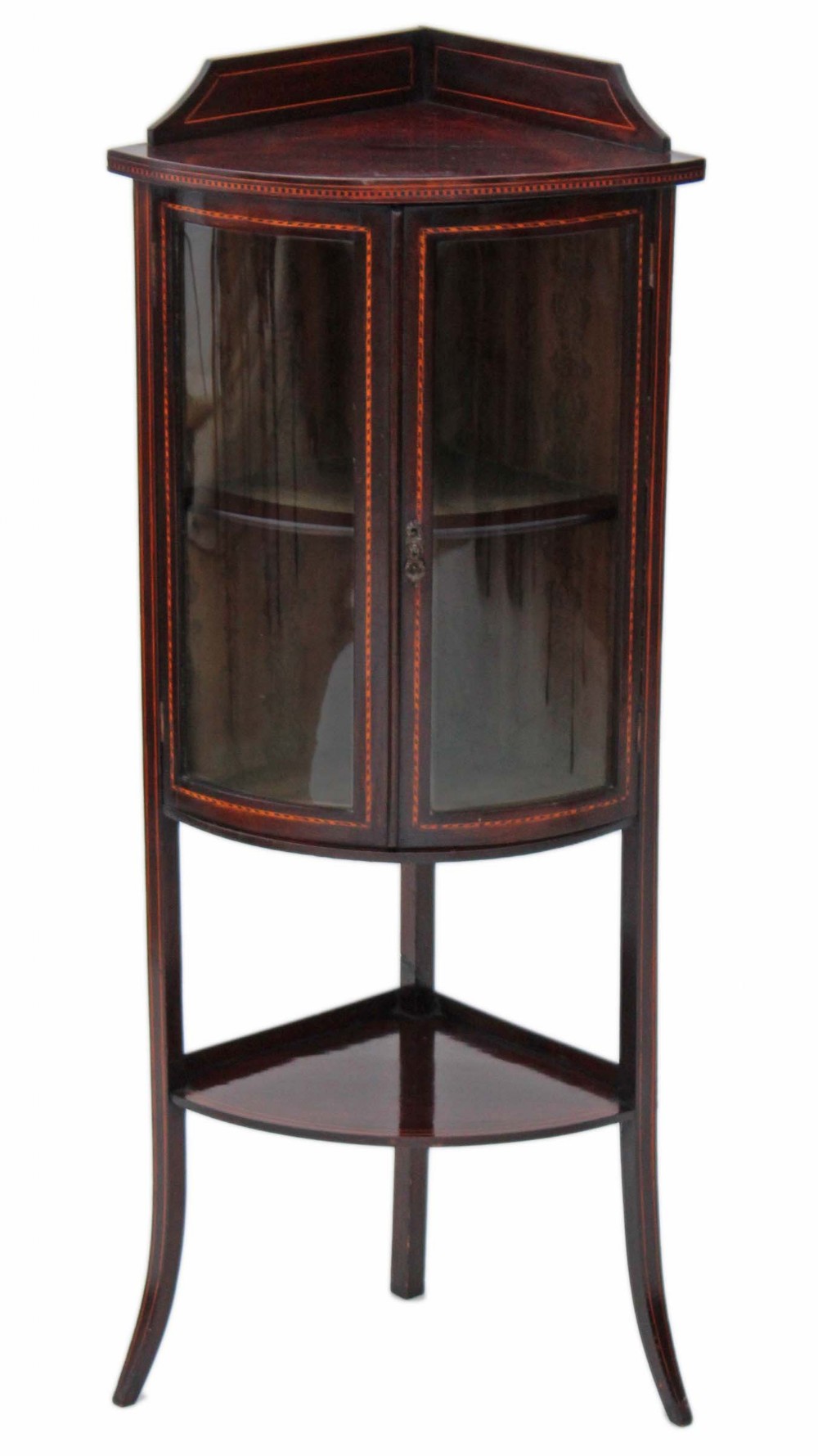 Small Edwardian inlaid mahogany bow front corner display cabinet