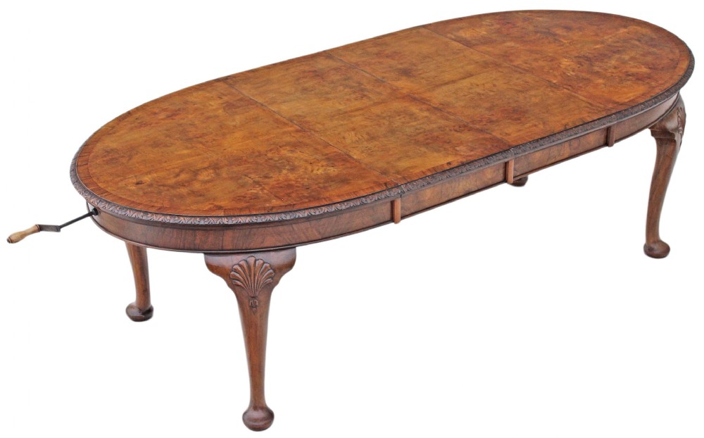 Large 2 leaf burr walnut extending dining table 8'