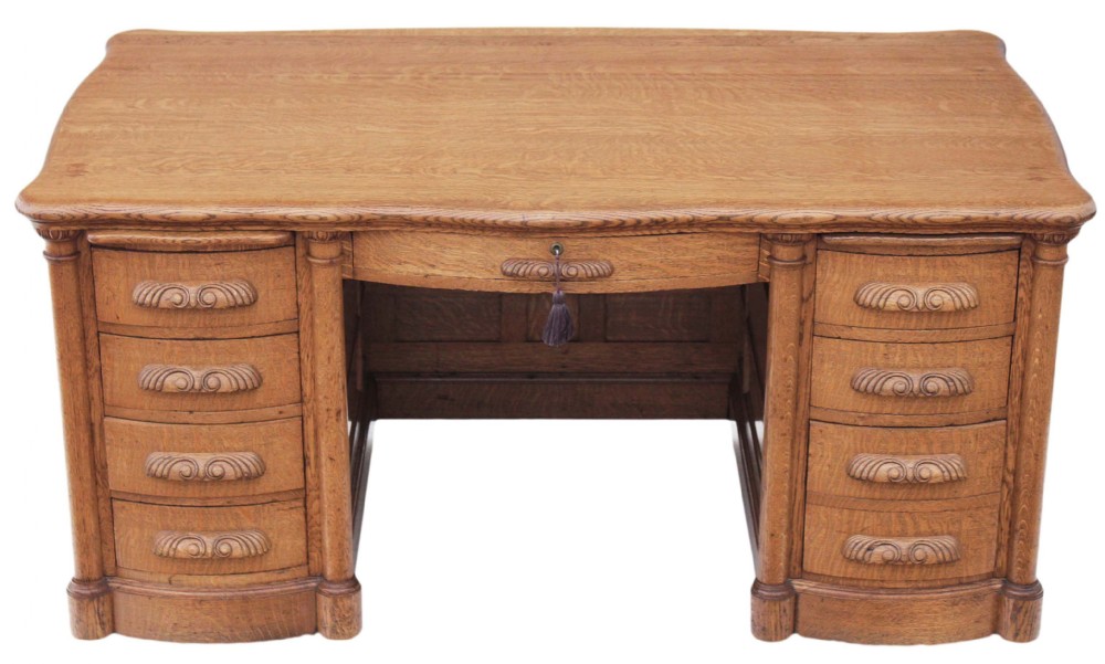 Very large quality panelled golden oak twin pedestal partner's desk 