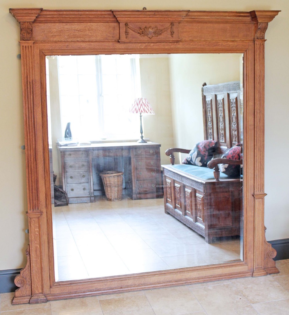 Victorian oak wall mirror overmantle carved