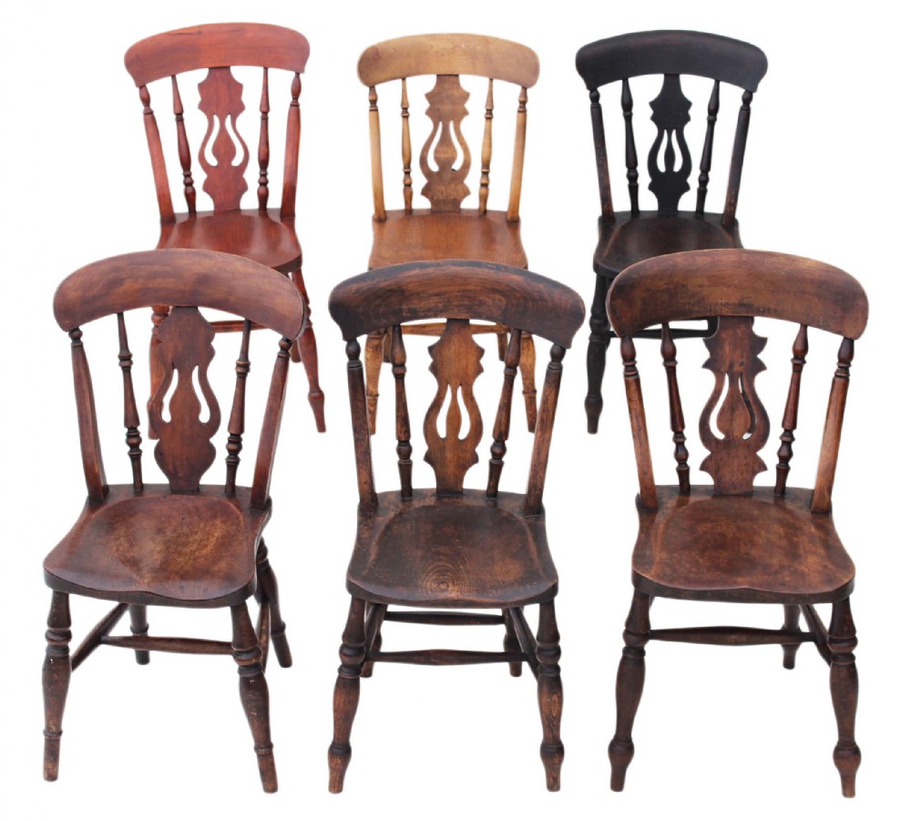 Rustic mixed set of 6 ash elm lyre back kitchen dining chairs