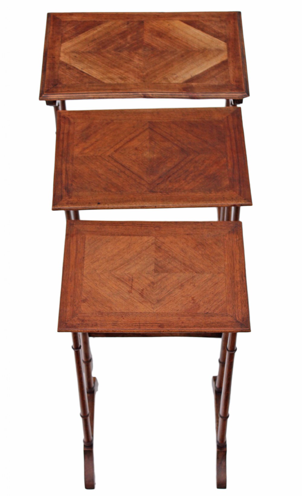 Edwardian nest of 3 beech and mahogany side or occasional tables