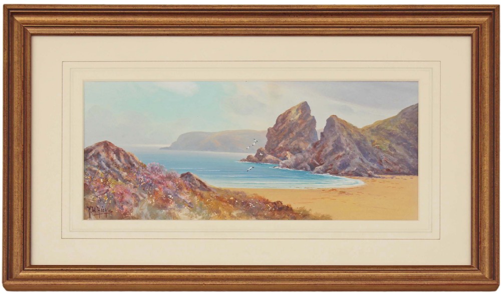 Watercolour painting Bedruthan Steps Cornwall Hicks Herbert William 