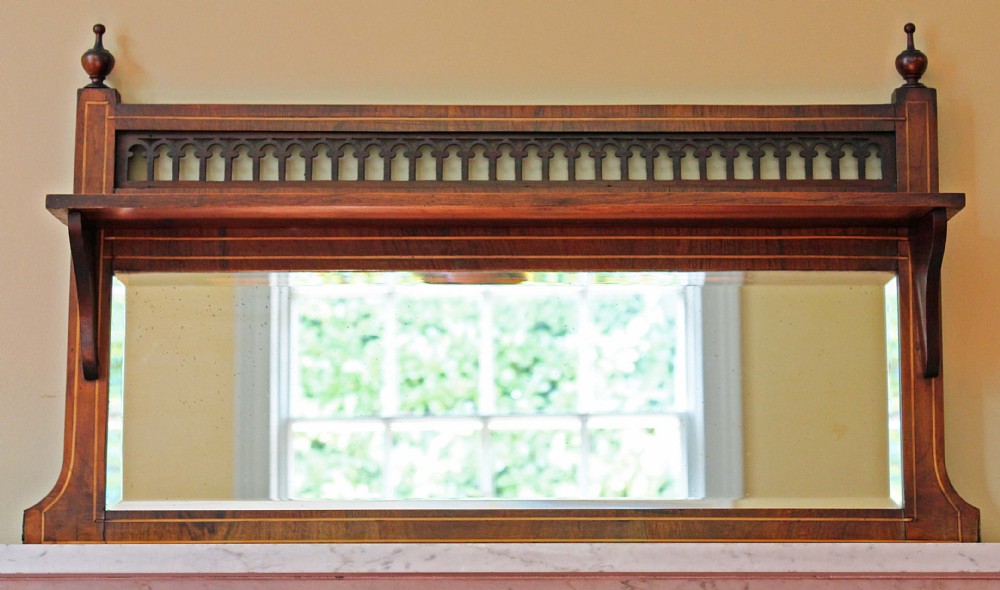 Victorian inlaid walnut overmantle wall mirror