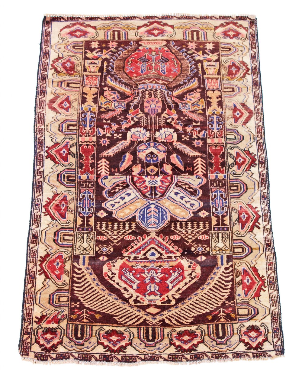 Persian hand woven wool rug carpet brown and cream