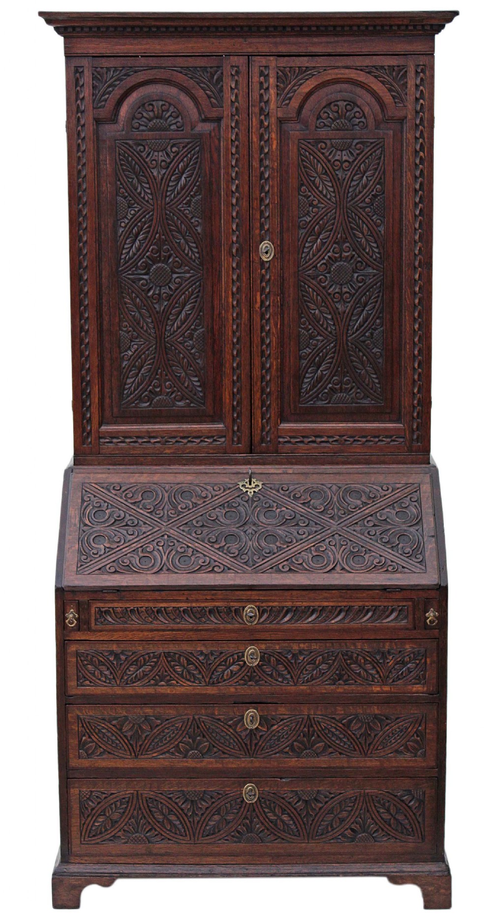 Georgian carved oak bureau bookcase desk