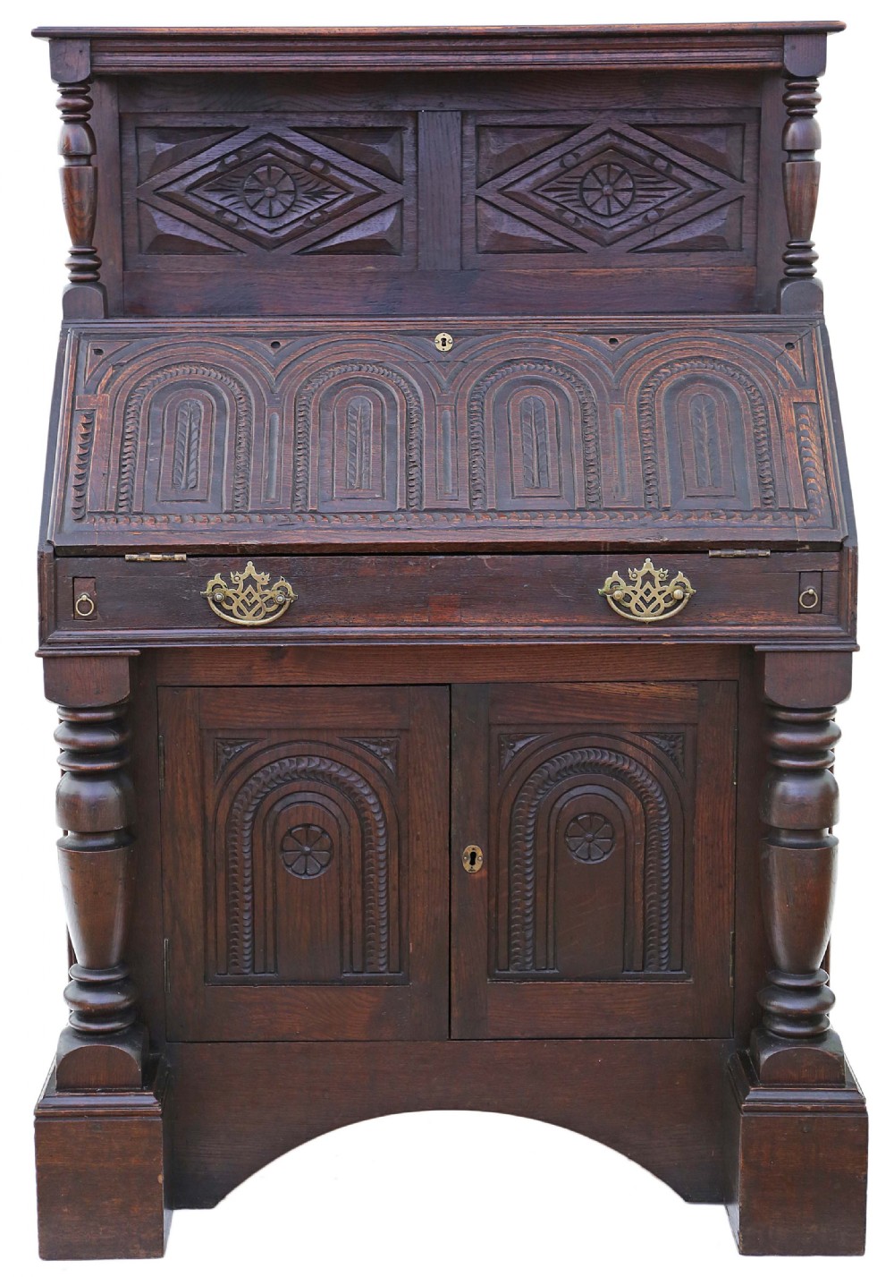 Georgian carved oak bureau desk bookcase