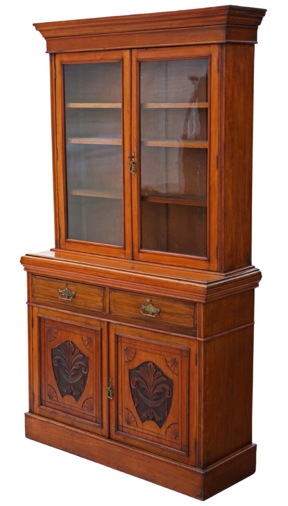 Victorian walnut glazed bookcase display cabinet