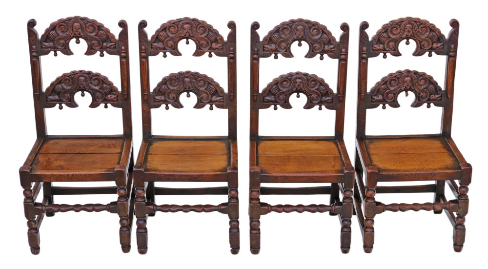 Set of 4 Gothic heavy carved oak dining chairs