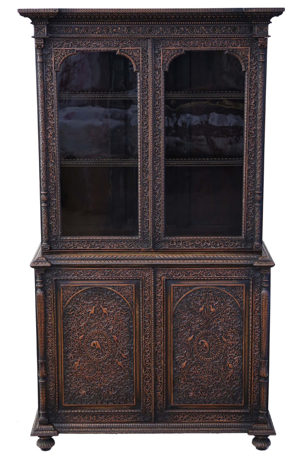 Padauk Victorian carved Anglo Indian glazed bookcase display cabinet