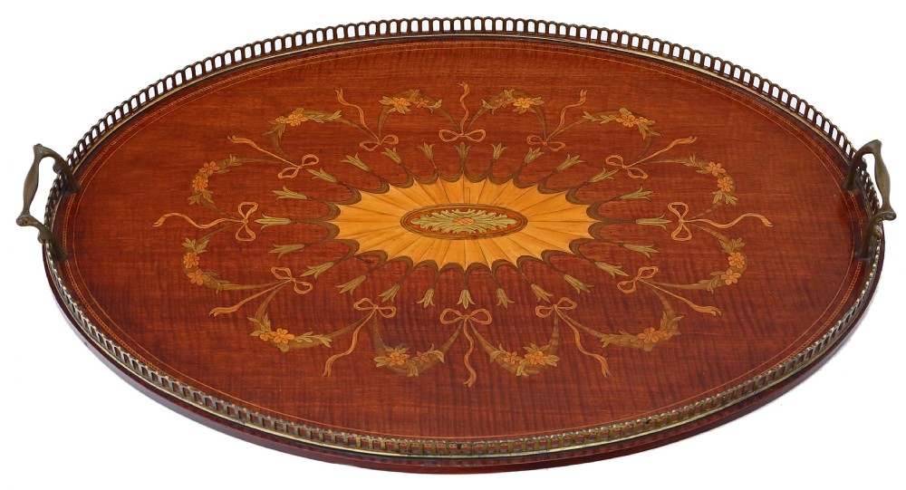 Victorian inlaid mahogany oval serving tray tea