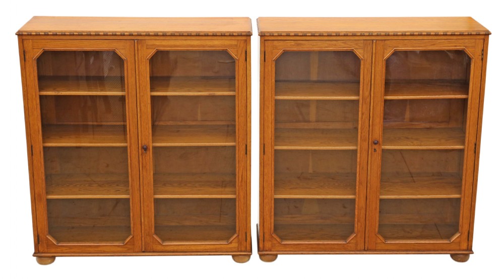 Pair of large glazed oak bookcases display cabinets 