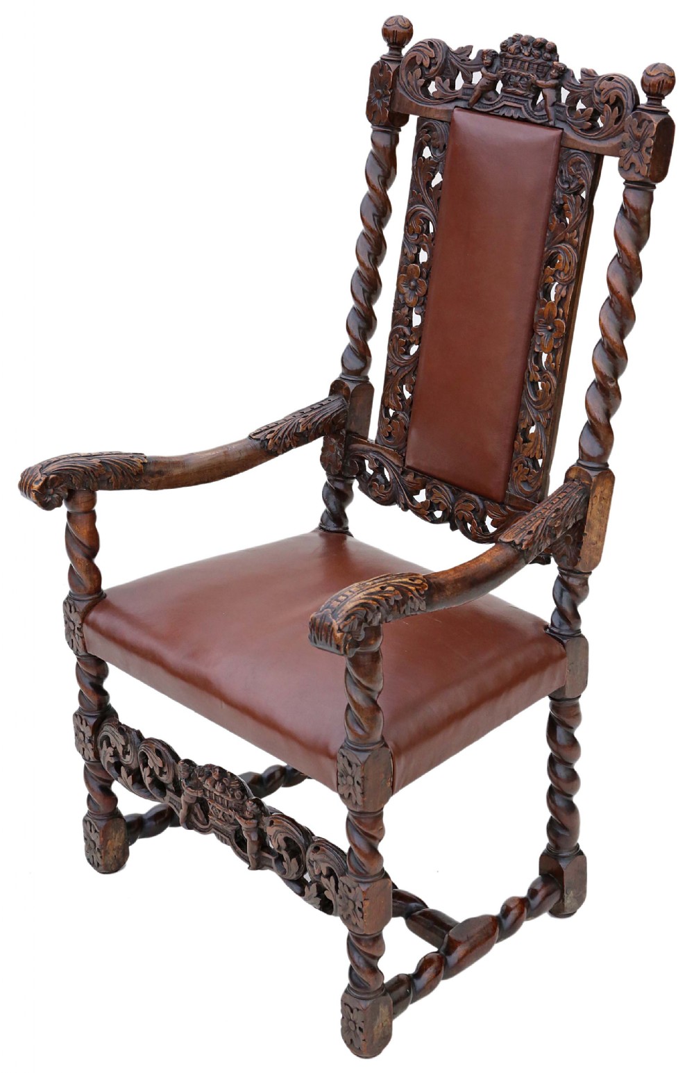 Georgian Gothic carved walnut armchair throne chair leather