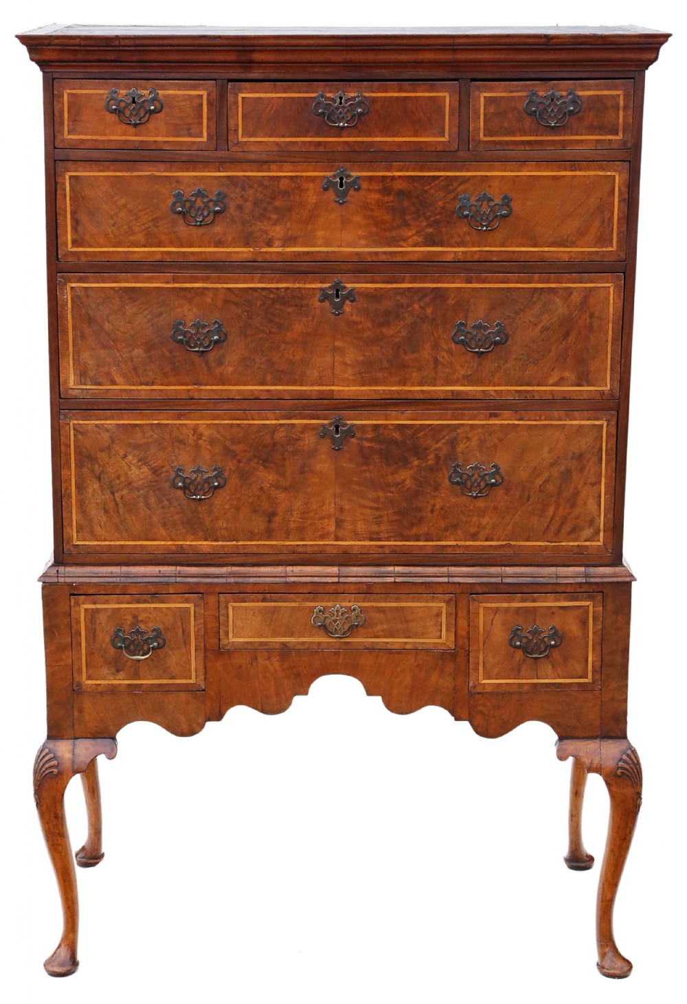 Georgian burr walnut tallboy chest on stand of drawers