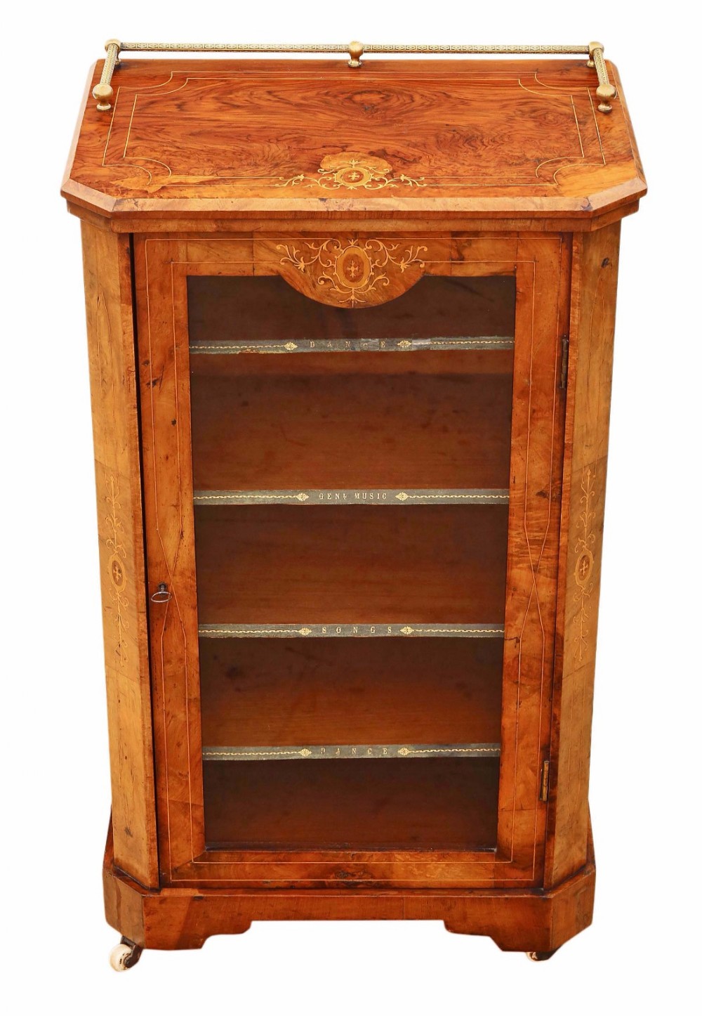 Victorian C1870 inlaid burr walnut music display cabinet