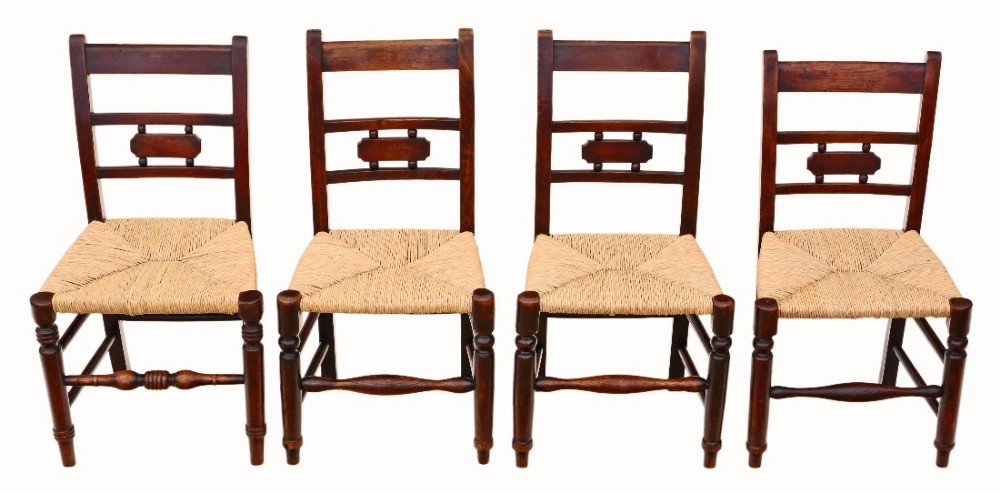 Mixed set of 4 elm 19th Century kitchen dining chairs