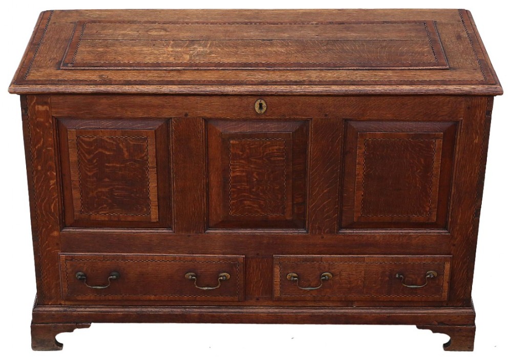 George III C1770 crossbanded oak mule chest coffer blanket box