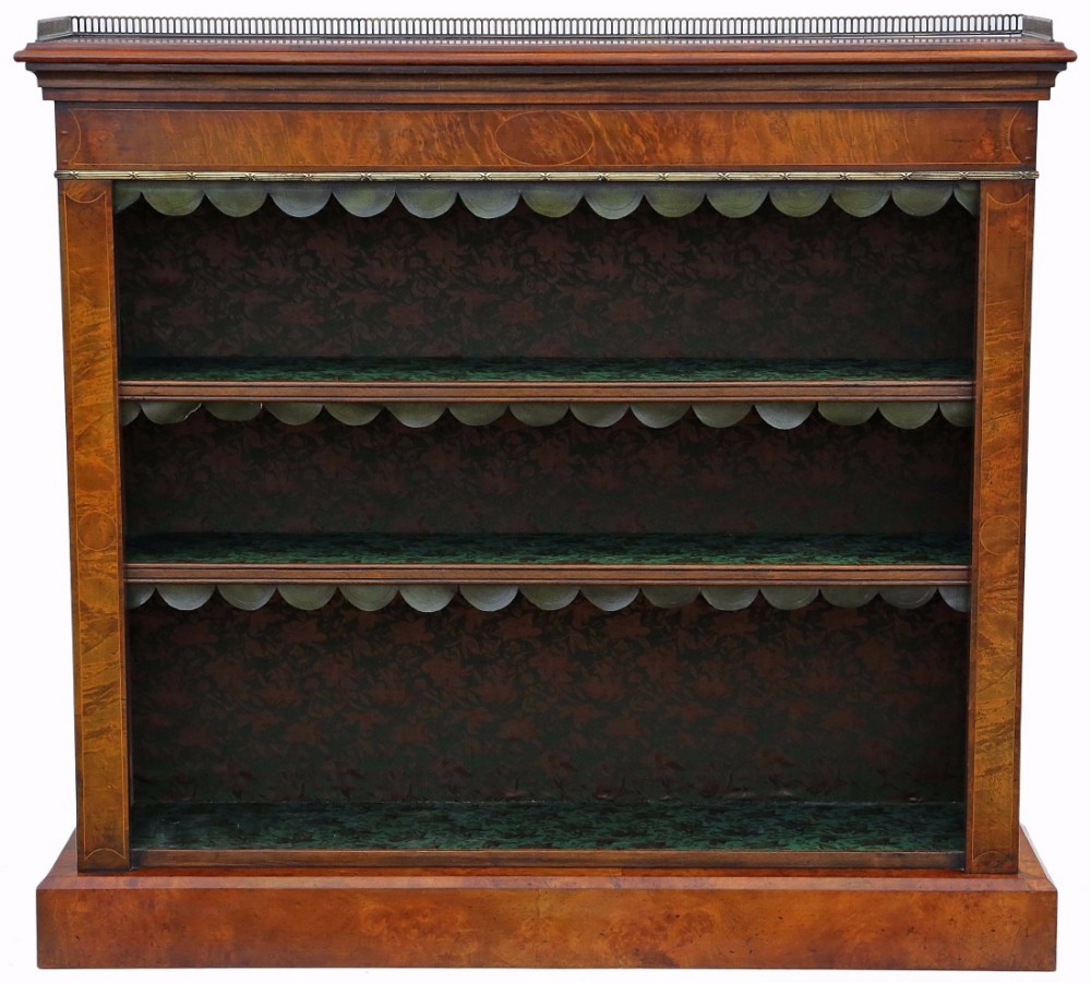 Inlaid burr walnut bookcase display adjustable shelves