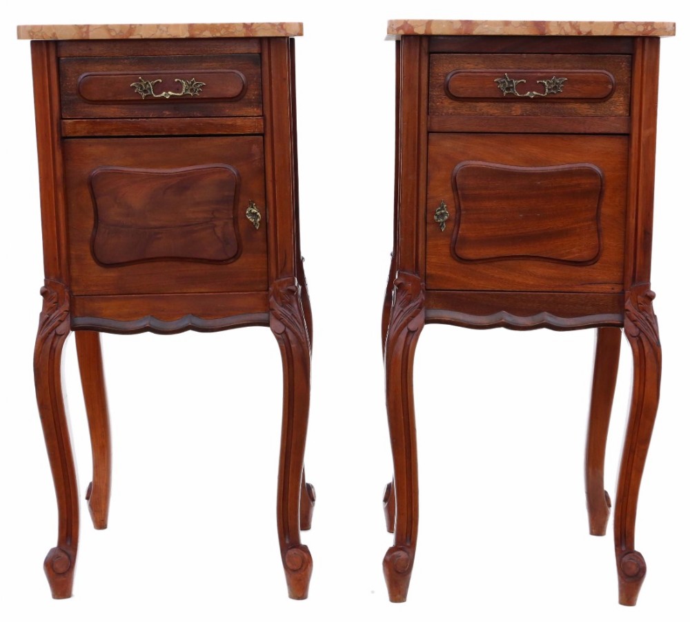 Pair of French walnut marble bedside tables